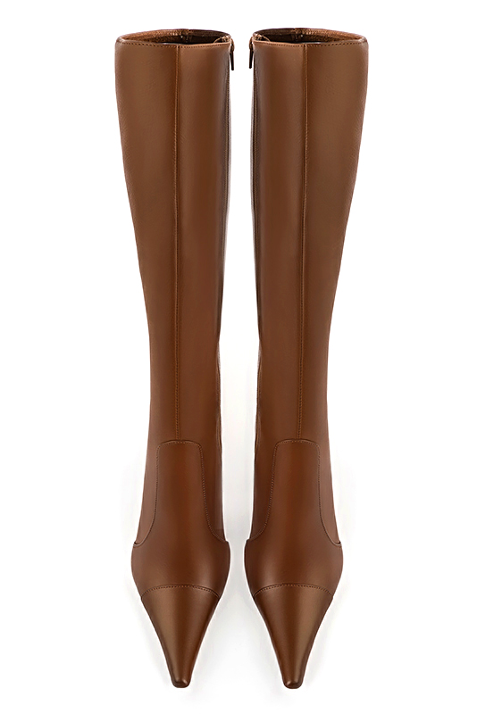 Caramel brown women's feminine knee-high boots. Pointed toe. Very high spool heels. Made to measure. Top view - Florence KOOIJMAN